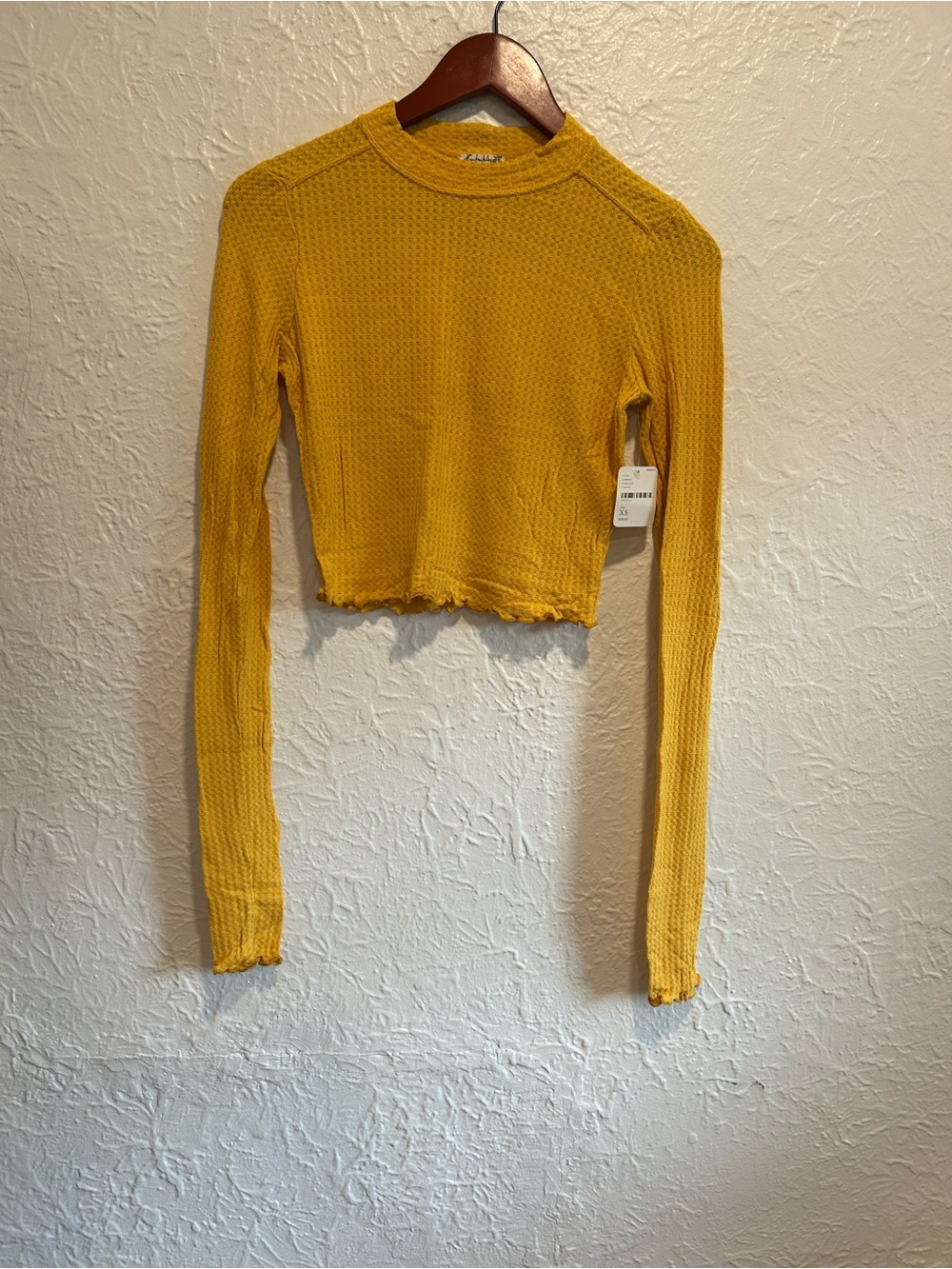 Free People Mustard Yellow Ribbed Cropped Long-Sleeve Top- New with tags